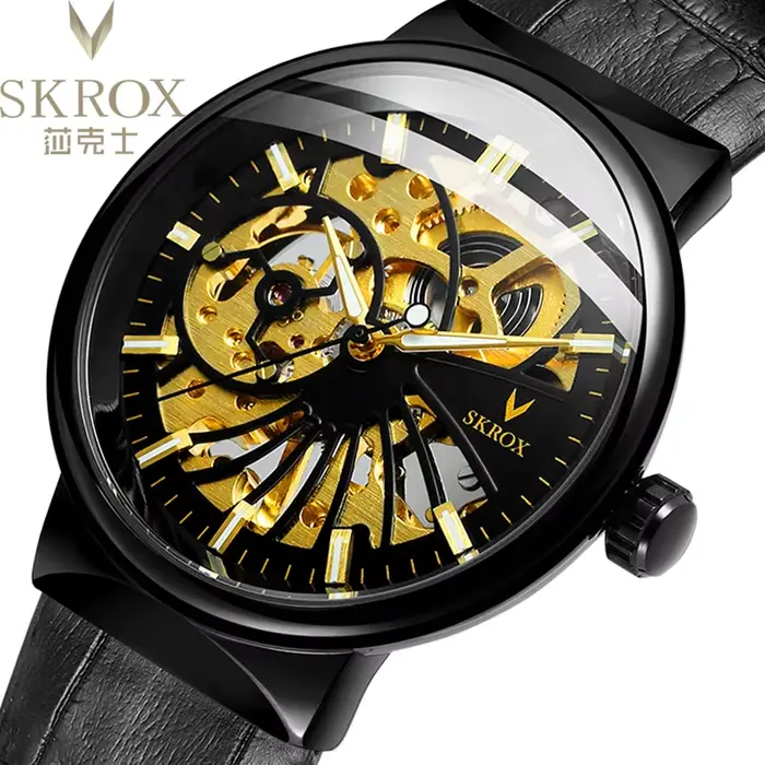 Montre mécanique SKROX élégante pour homme, avec mouvement ventilé manuel, résistance à l'eau, et finition en acier inoxydable et cuir, pour toutes occasions