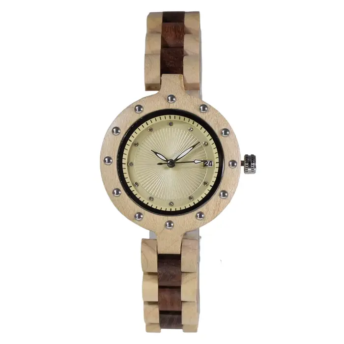 Montre à quartz vintage en bois pour femme, fonction calendrier pratique, aiguilles lumineuses brill
