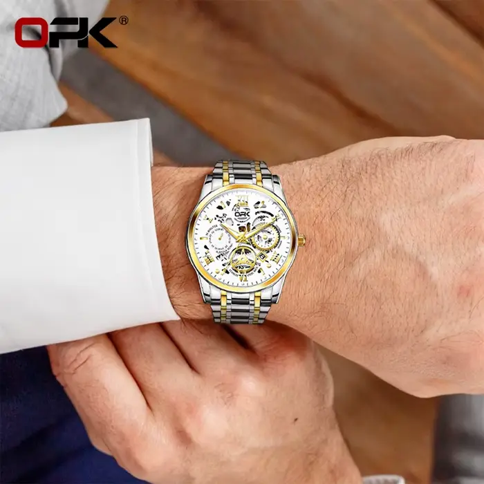 Montre OPK pour Hommes Bracelet Acier Lueur Nocturne Résistante à l'Eau Occasions Spéciales Casual Elegant