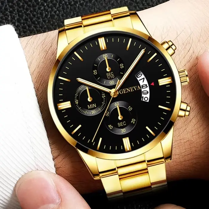 Montre-bracelet à quartz en acier inoxydable doré pour homme