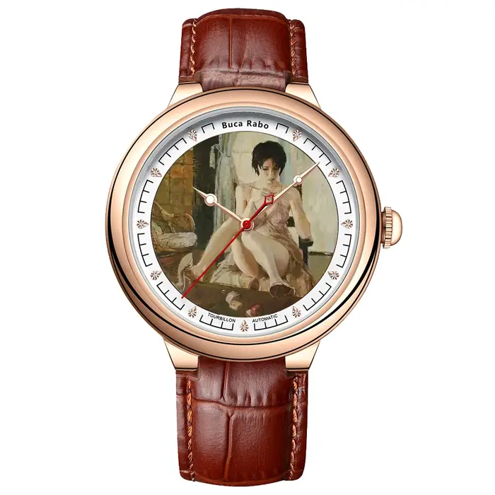 OBLVLO 45mm montre automatique pour hommes boîtier argenté bracelet en cuir noir montre mécanique classique avec motif de fille Sexy