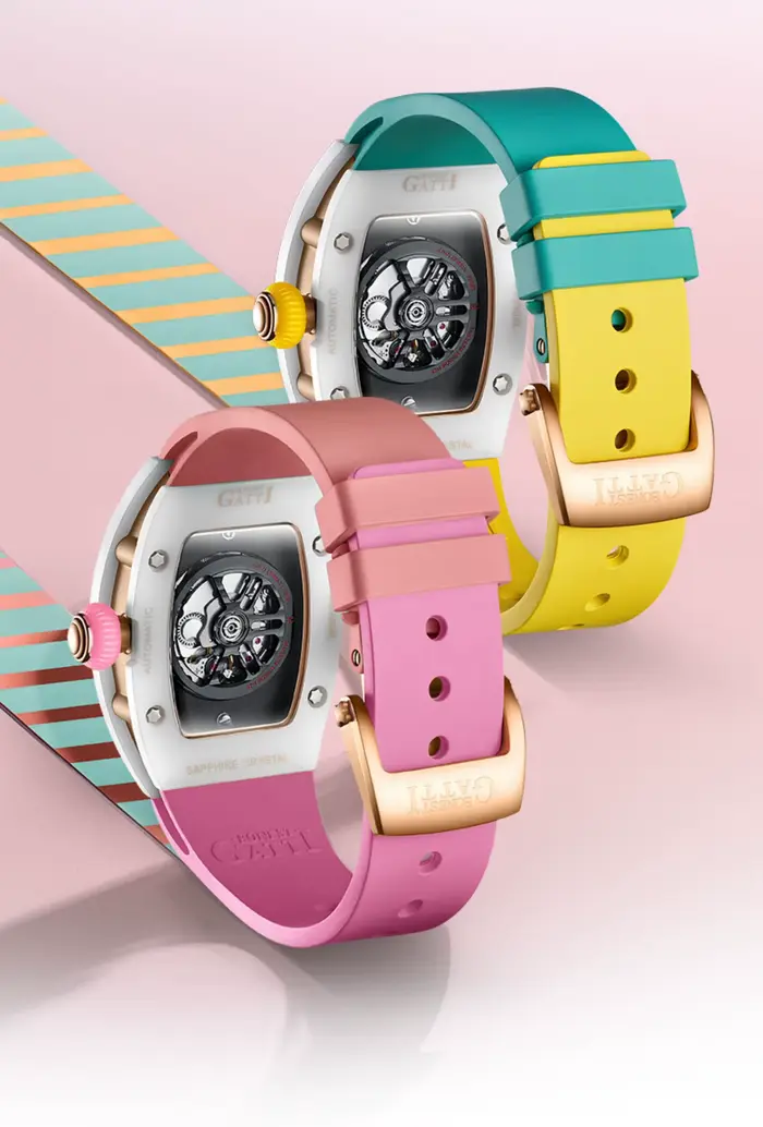 BONEST GATTI femmes montre automatique de luxe dames 32mm Tonneau mécanique montre-bracelet saphir fluororubber bracelet papillon fermoir
