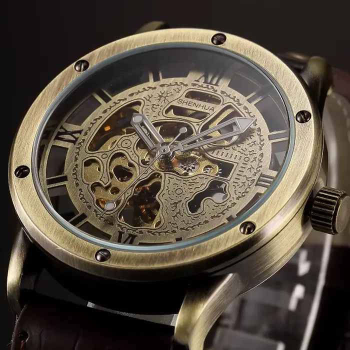 Montre mécanique automatique en bronze avec cadran squelette et bracelet en cuir pour hommes occasions spéciales et cadeaux d'anniversaire