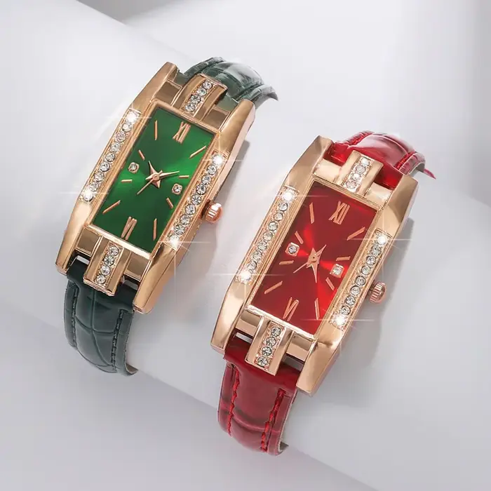 Montre rectangulaire pour femme avec bracelet en cuir incrusté de diamants en or rose