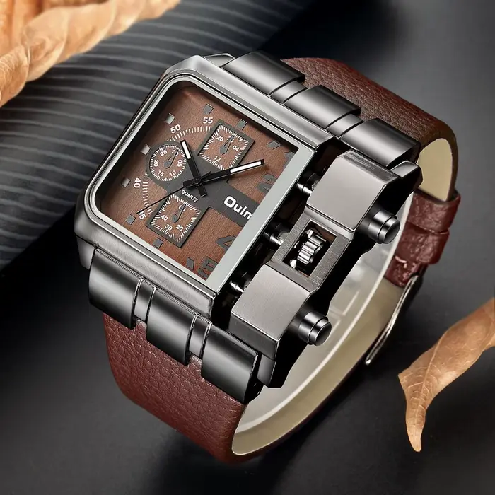 Montre Hip-Hop Oulm Style Urbain Bracelet en Cuir Tendance Élégante Pour Homme Occasions Spéciales