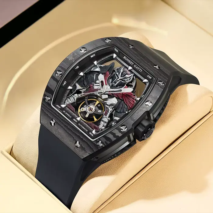 Montre homme Bonest Gatti en fibre de carbone avec mouvement automatique, tourbillon, squelette, résistance à l'eau, bracelet en caoutchouc pour occasions spéciales