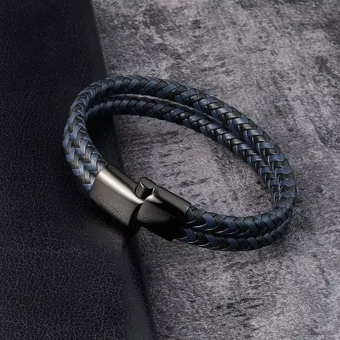 Bracelet en cuir véritable tressé noir et bleu pour hommes, Double bande