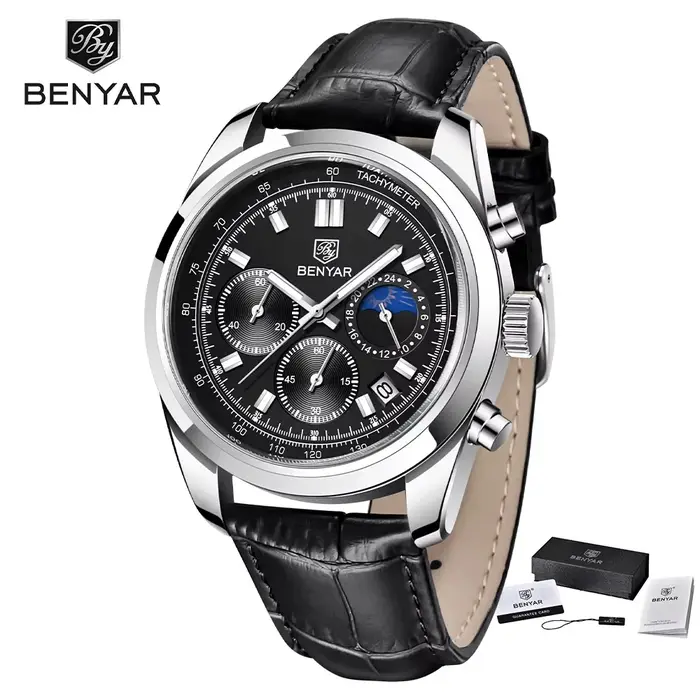 BENYAR nouveaux hommes montre 30ATM étanche en acier inoxydable montres à Quartz de luxe en cuir militaire chronographe