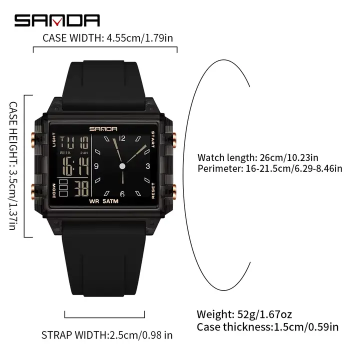 SANDA mode montre analogique électronique pour hommes femmes étanche cadran carré compte à rebours minuterie montre-bracelet numérique homme heure mondiale