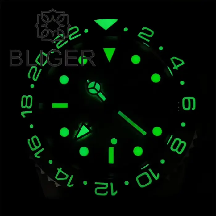 BLIGER 40mm GMT montre pour hommes lumineux bleu rouge violet lunette insérer verre saphir acier inoxydable étanche Relogio Masculino