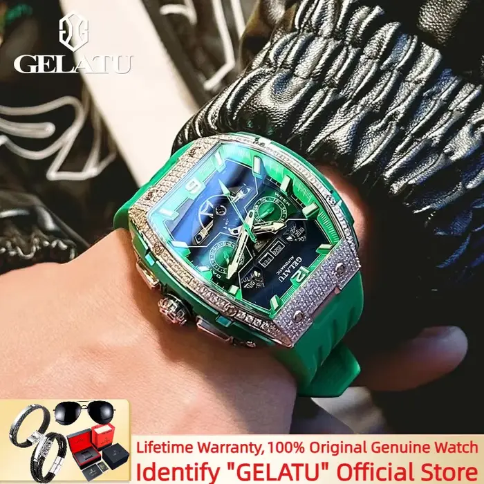 GELATU 6016 montre mécanique automatique haut de gamme plein diamant pour hommes multifonction bracelet en Silicone