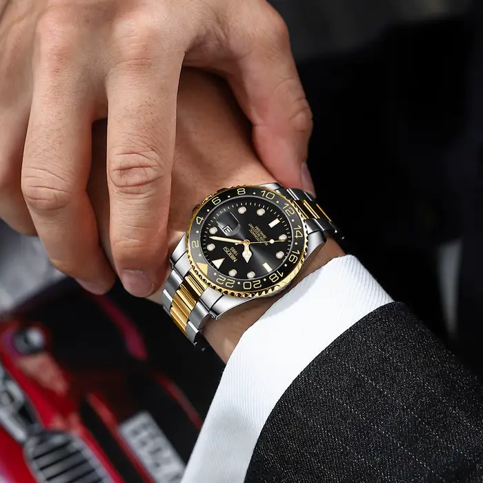 Montre homme NIBOSI de luxe GMT à quartz avec date automatique résistante à l'eau pour homme occassions spéciales