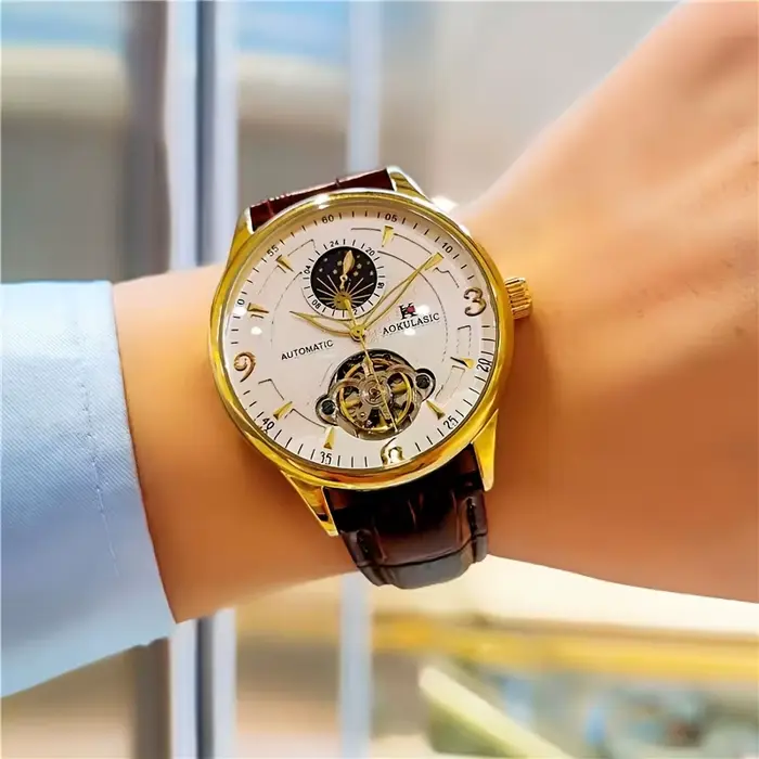 Montre mécanique de luxe AOKULASIC avec cadran squelette et bracelet en cuir pour homme style business occasions spéciales