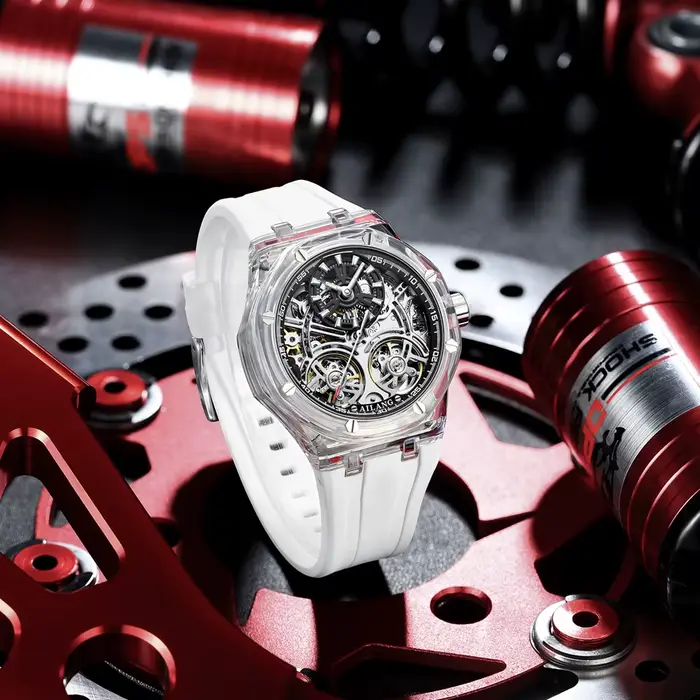 Blanc Double Tourbillon hommes montres de luxe automatique montre mécanique en caoutchouc sport décontracté