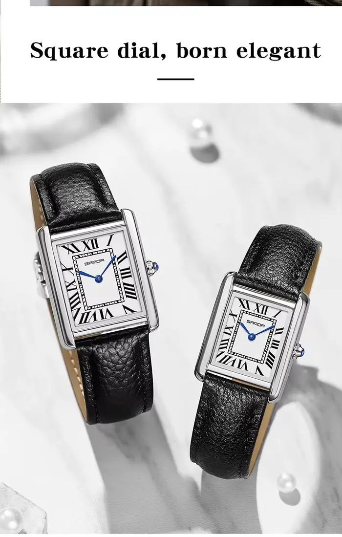 SANDA Couple réservoir montres résistant à l'usure bracelet en cuir de luxe cadran carré 30M étanche sport décontracté
