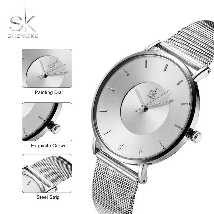Shengke-Montre à quartz noire pour femmes