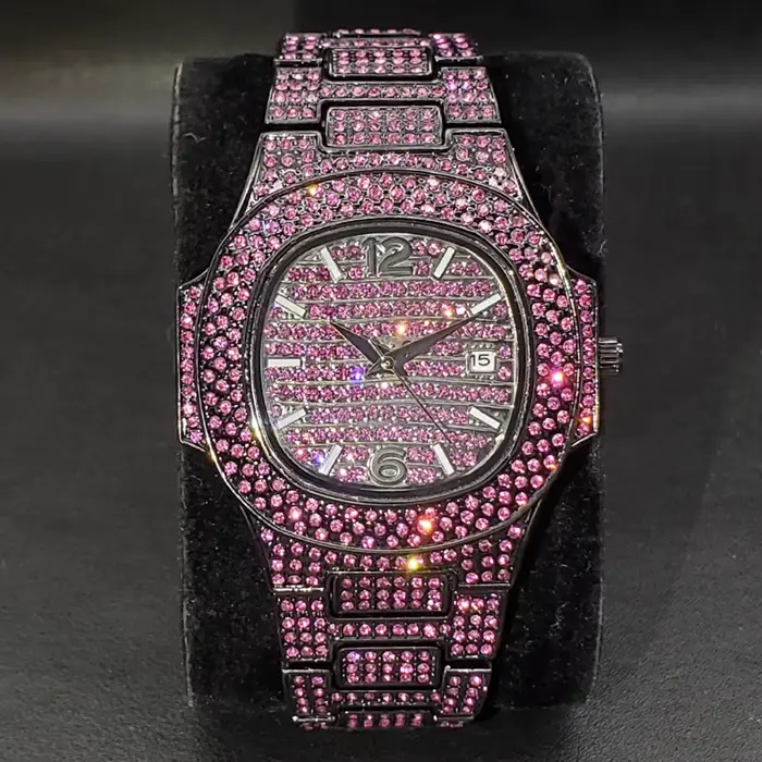 Montre Hip Hop en diamant rose pour hommes