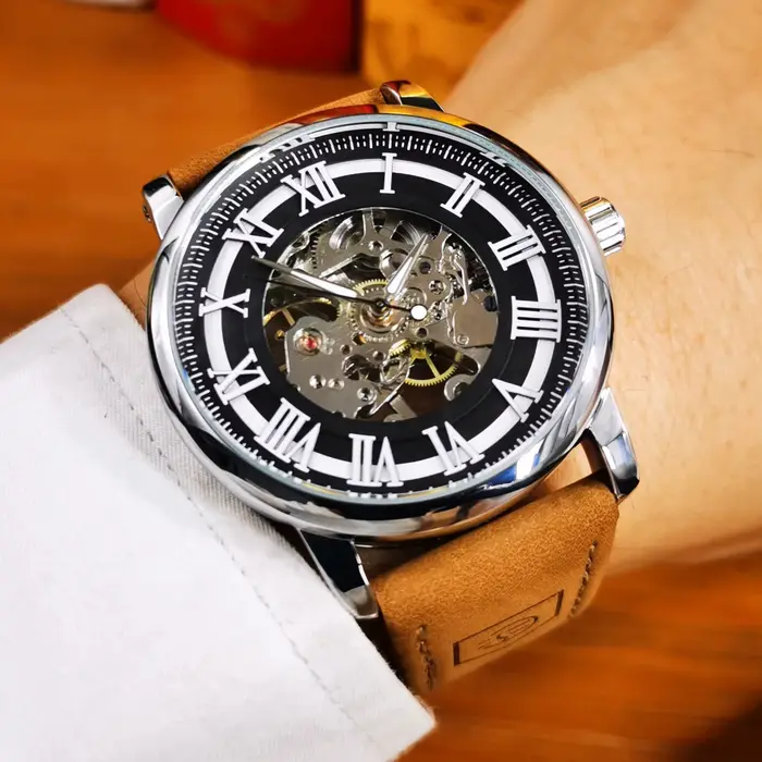 Montre Mécanique Manuelle Squelette Hommes Cuir Marron Élégante Pour Occasions Spéciales