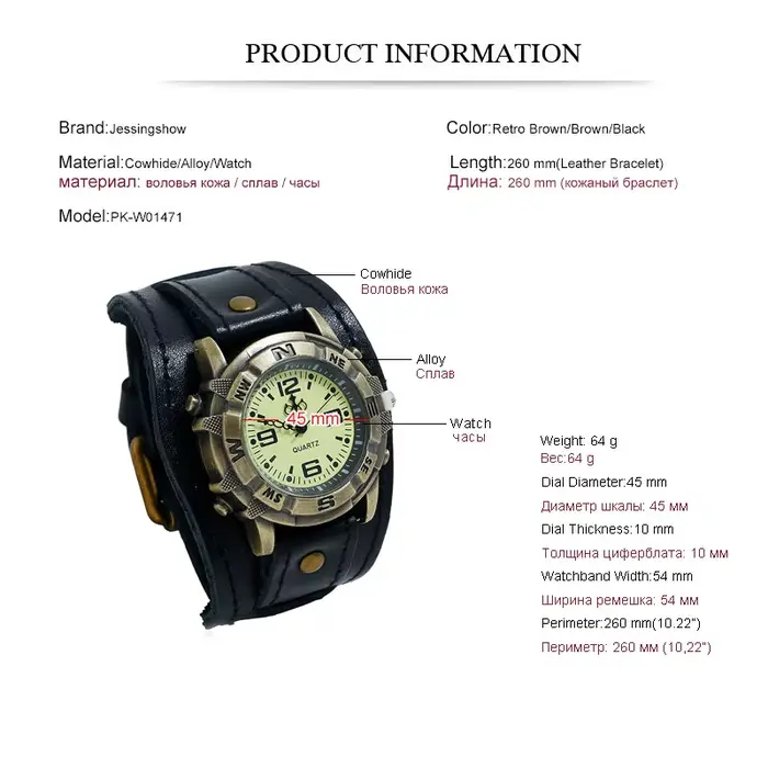 2025 Relogio rétro grand large Bracelet en cuir véritable montre hommes Punk Quartz manchette