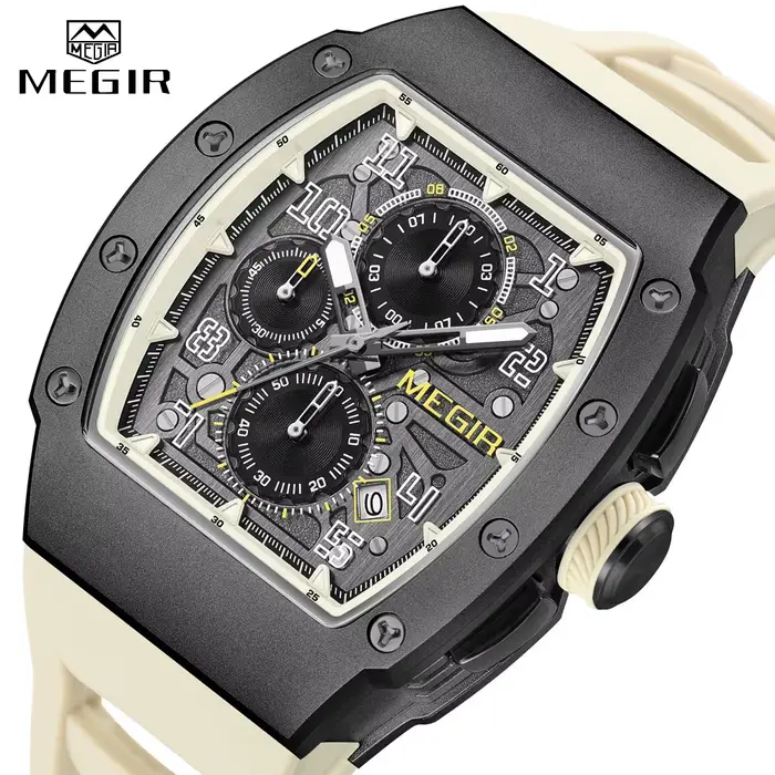 MEGIR chronographe montre à Quartz pour hommes mode étanche lumineux bracelet en Silicone 316 boîte en acier inoxydable mâle montre-bracelet Date