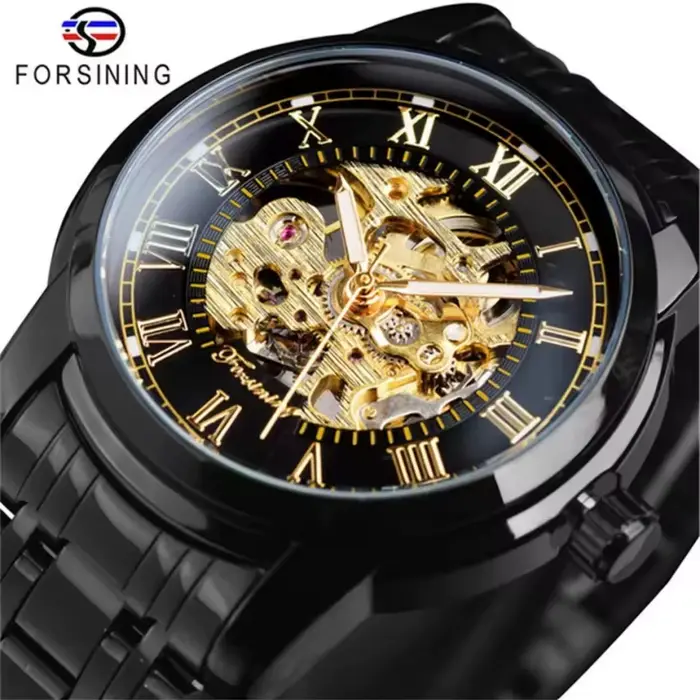 Forsining 349 montre mécanique pour hommes affaires squelette rond argenté noir acier inoxydable montres-bracelets manuelles pour horloge masculine