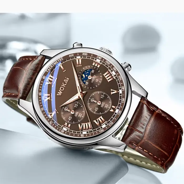 Montre homme en acier inoxydable avec bracelet en cuir marron pour hommes élégants et décontractés toutes occasions