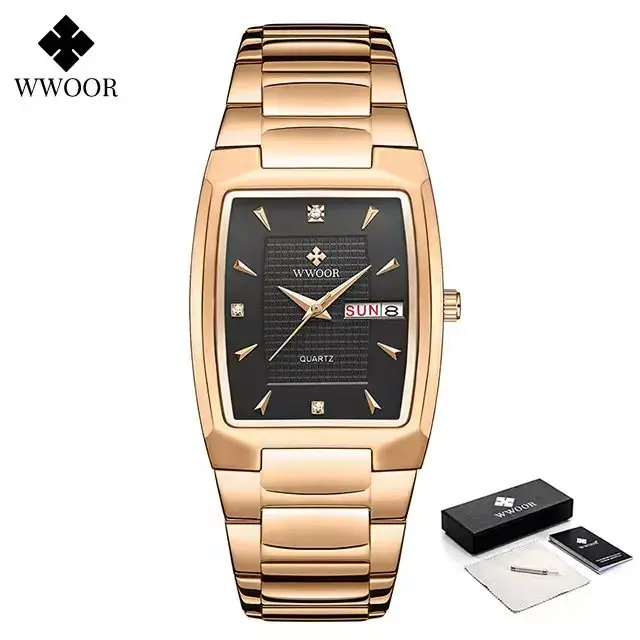 Montre-bracelet carrée en acier inoxydable doré pour homme