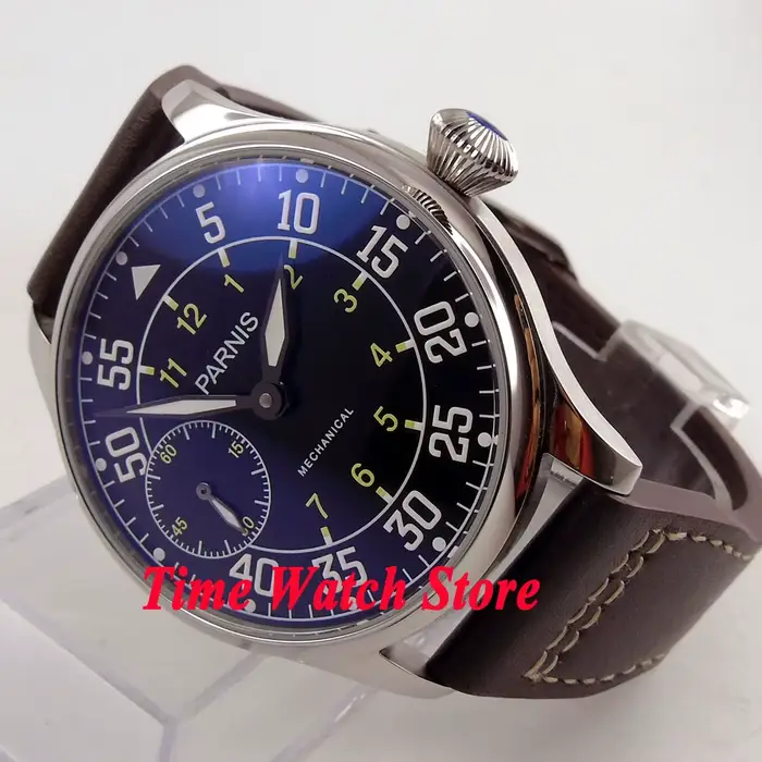 Parnis Pilot Aviator montre pour hommes classique asie 6497 mouvement à remontage manuel cadran noir