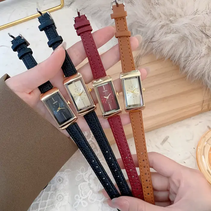 Montre-bracelet KCALOE en cuir vintage pour femme simple et élégante occasions spéciales quartz doré rectangle