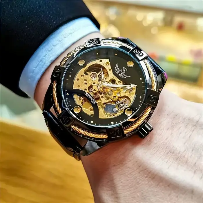 Montre mécanique AOKULASIC automatique pour homme élégante avec bracelet en cuir ajouré résistante à l'eau et boîtier en alliage tendance pour toutes les occasions