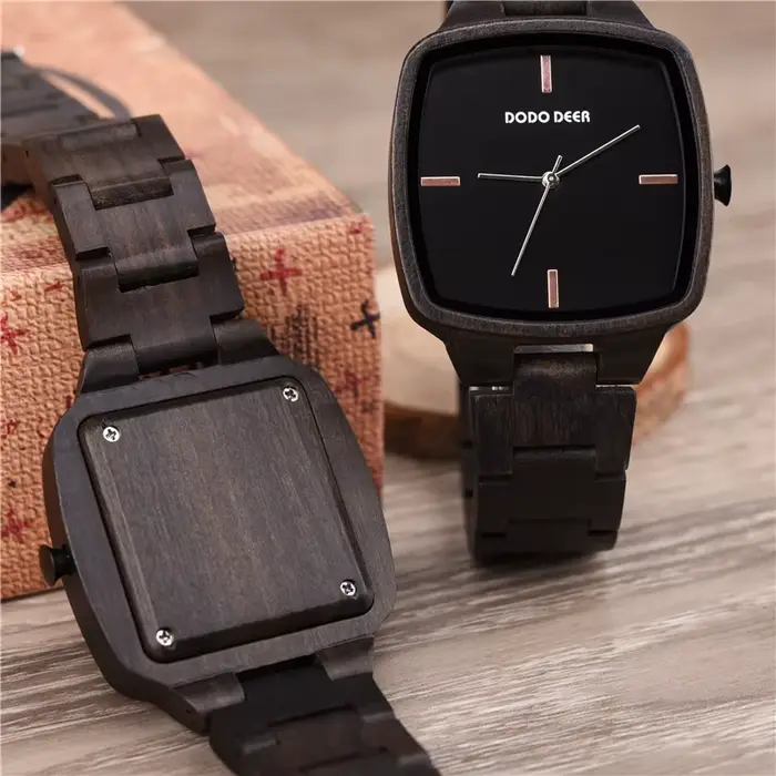 Montre en bois d'onyx Dodo Deer pour homme résistante à l'eau et personnalisable avec mouvement quartz carré pour occasions spéciales et cadeaux