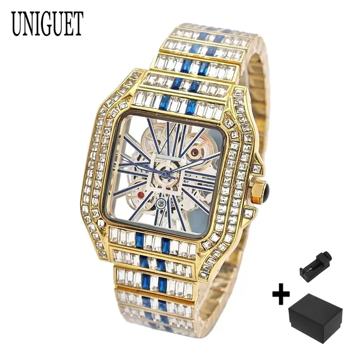 Montre en or de luxe pour hommes marque de mode UNIGUET Hip Hop pleine Baguette diamant bijoux Quartz montre-bracelet Mans Relogio Masculino
