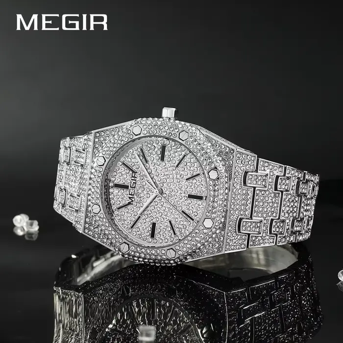 Montre à quartz carrée entièrement sertie de diamants pour hommes et femmes
