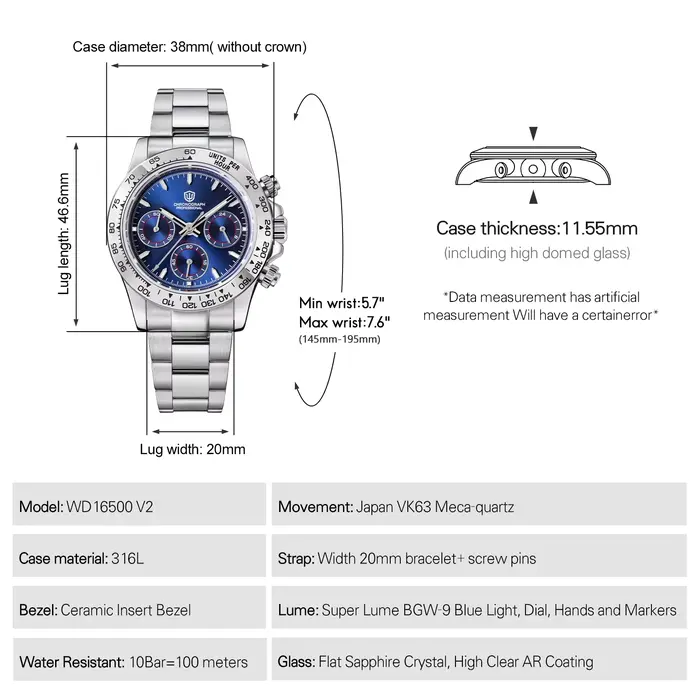 Watchdives Wd16500 V2 VK63 chronographe montre à Quartz saphir acier lunette montres de sport homme BGW9 10Bar montres-bracelets étanches