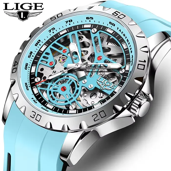 Montre LIGE Automatique Luxe Homme Tourbillon Boîtier Acier Inoxydable Bracelet Silicone Occasions Spéciales