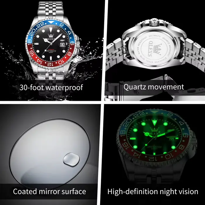 Montre-bracelet OLEVS en acier inoxydable lumineuse pour homme avec grande date et résistance à l'eau pour occasions spéciales et tenues formelles