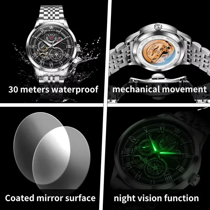 OLEVS squelette montre mécanique hommes étanche en acier inoxydable haut de gamme