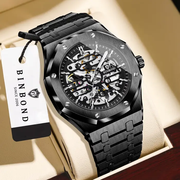 Montres mécaniques BINBOND squelette tourbillon résistantes à l'eau pour homme occasions spéciales style luxueux fournissons quatre couleurs différentes de bracelets