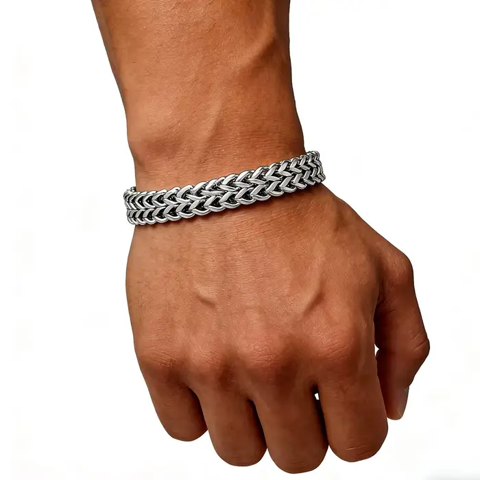 Bracelet en acier inoxydable tressé double rangée motif écailles de poisson plaqué rhodium imitation pour hommes et femmes styles hiphop rock à offrir occasions spéciales