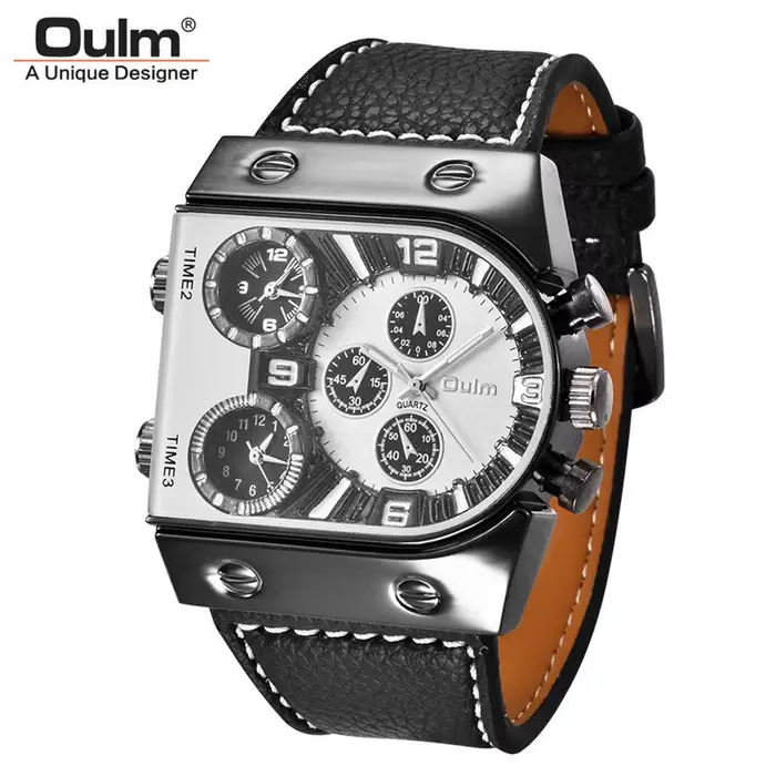 Oulm – montre de luxe en cuir pour hommes, montre-bracelet à Quartz à trois zones horaires, militair