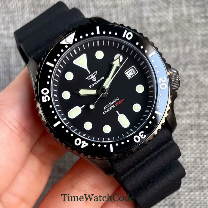 Montre automatique Tandorio Diver pour hommes, boîtier PVD 41mm, cadran noir, date, mouvement japona