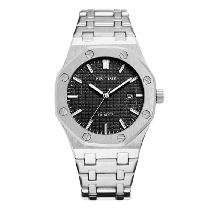 Montre Homme Tendance Octogonale de Luxe Argentée à Quartz en Acier Inoxydable avec Date Relogio Mas