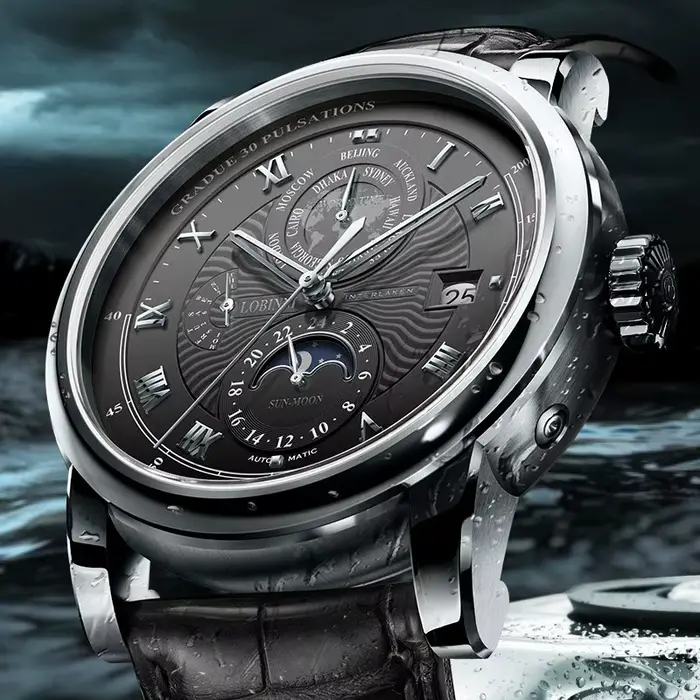 Montre mécanique LOBINNI Seagull ST16K3-3A homme automatique avec fonction heure mondiale, affichage de la semaine, date, 24 heures, phase lunaire et résistance à l'eau 50M