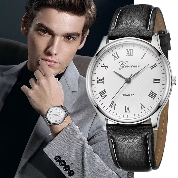 Mode moderne noir Quartz hommes montres marée marque bracelet en cuir grand cadran