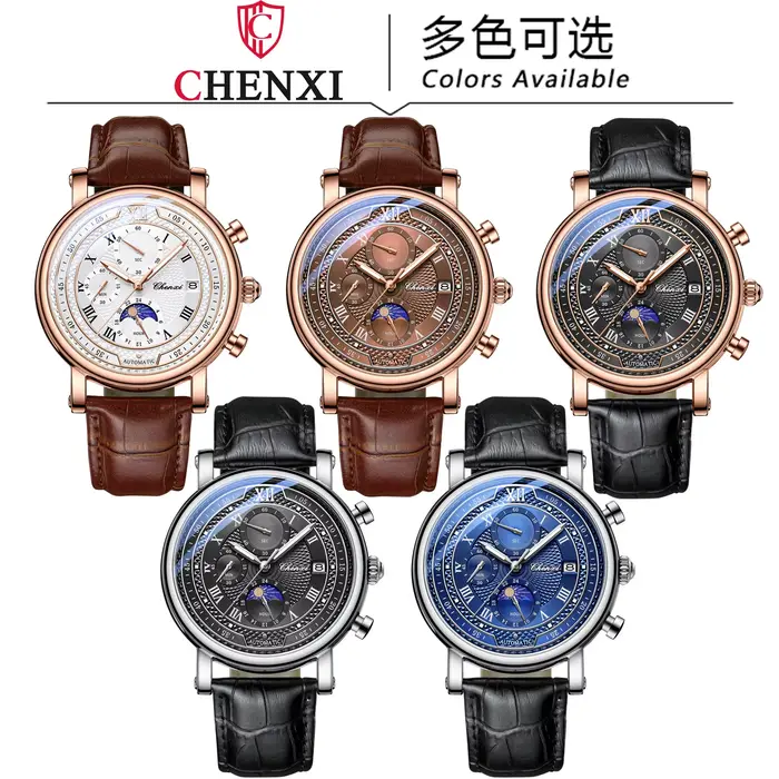 Chenxi 976 cuir chronographe Date hommes Phase de la lune chronométrage affaires lumineux montre à Quartz Relojes para hombres