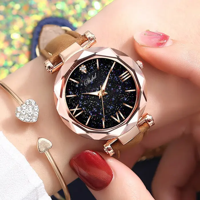 Montre lumineuse strass romantique ciel étoilé en cuir pour femmes occasions spéciales romantique glamour quartz acier bronze café multicolore rose