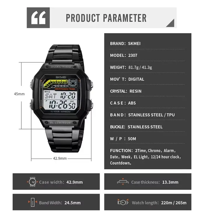 SKMEI 2307 compte à rebours de luxe affichage LED en acier inoxydable montres pour hommes étanche sport montre numérique