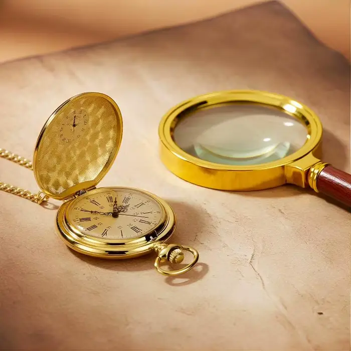 Montre de poche pour homme en or avec chaîne vintage - Mouvement à quartz rond