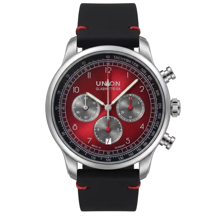 Montre chronographe automatique Union Glashutte SA, bracelet en cuir, tachymètre, fonction date, mon