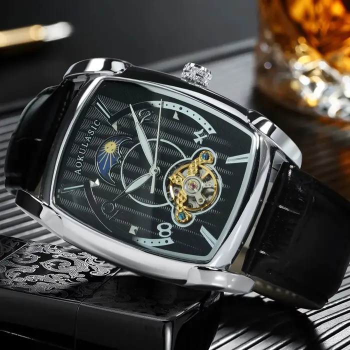 AOKULASIC Tourbillon squelette montre mécanique pour hommes mains lumineuses bracelet en cuir mode affaires